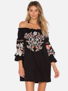 Free People Fleur du Jour Black Off-Shoulder Embroidered Mini Dress